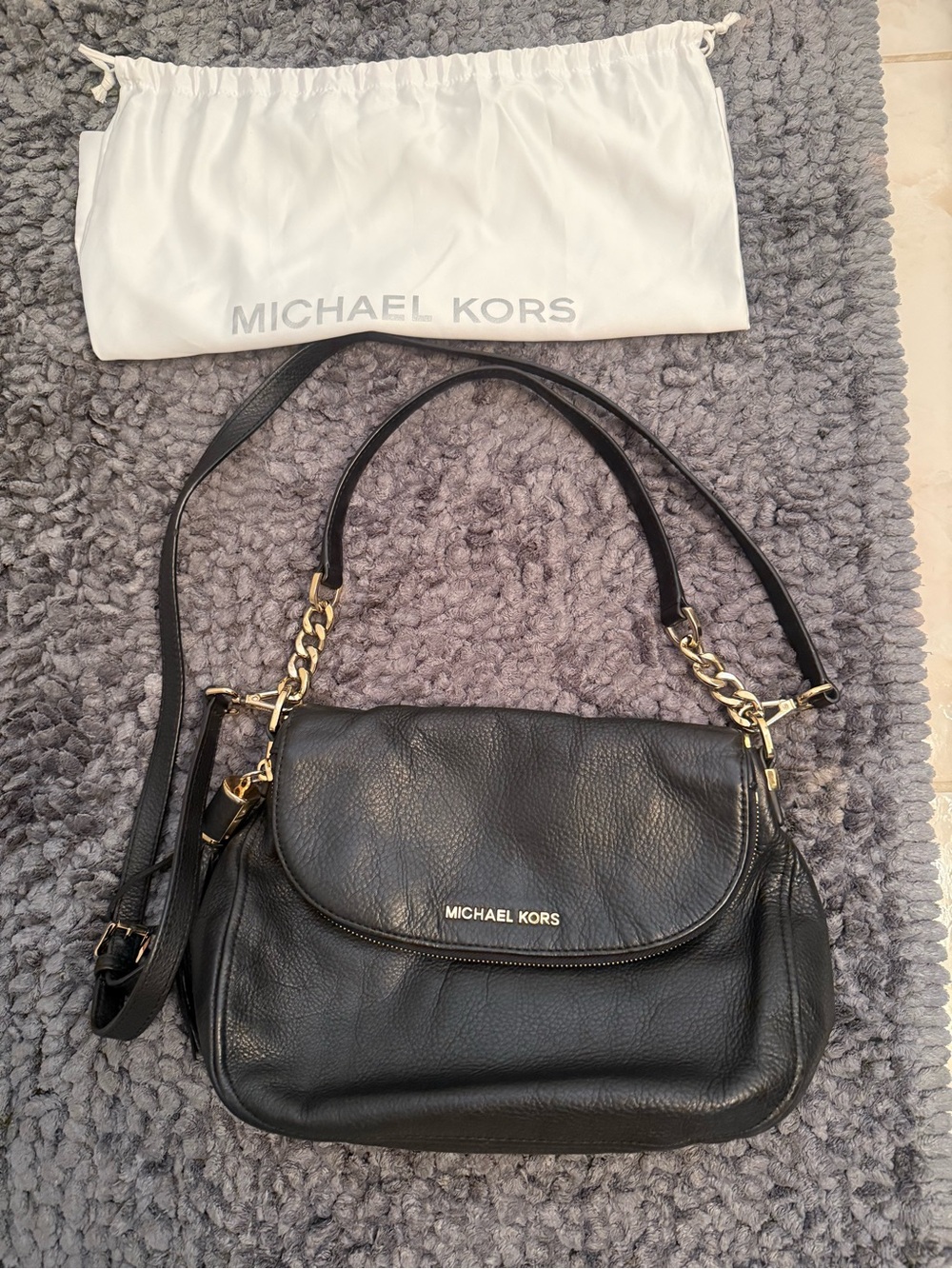 Michael Kors Black Leather Shoulder Bag with Gold Chain Accents